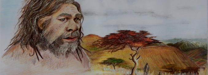 Eine Urmenschen-Familie in der afrikanischen Savanne Urmenschen in der afrikanischen Savanne