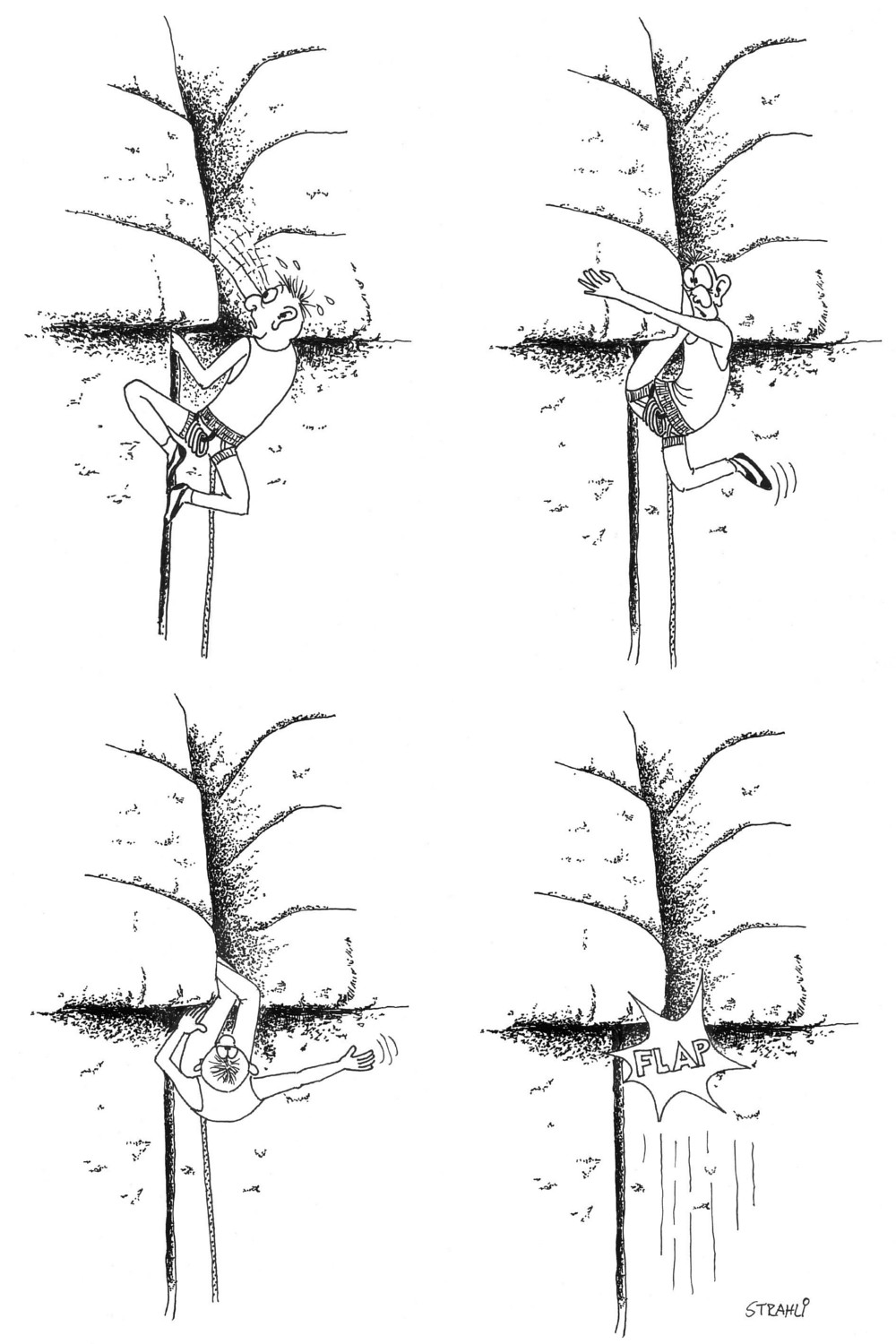 Karikatur, Kletterer in einem engen Felsriss
