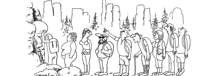 Karikatur vor Menschenmenge vor Klettersteig