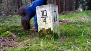 Fuß läuft an Grenzstein vorbei