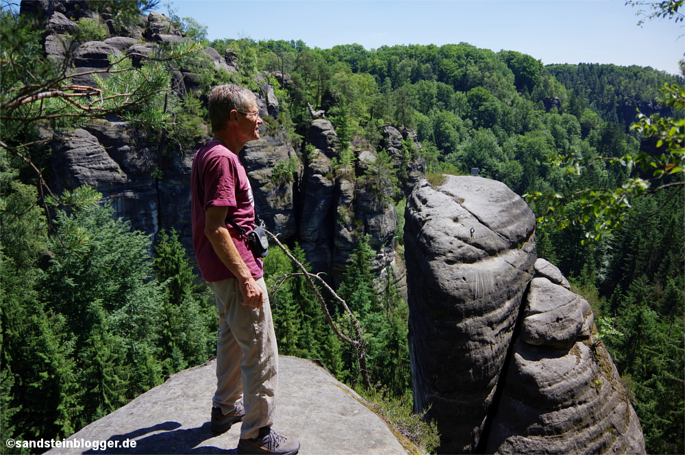 Mann auf einem Felsen inmitten von Wäldern