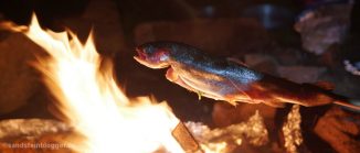 Fisch am Spieß überm Lagerfeuer