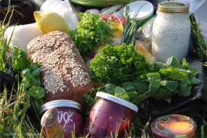 Zutaten fürs Abendessen - Brot, Frischkäse, Petersilie, rote Beete