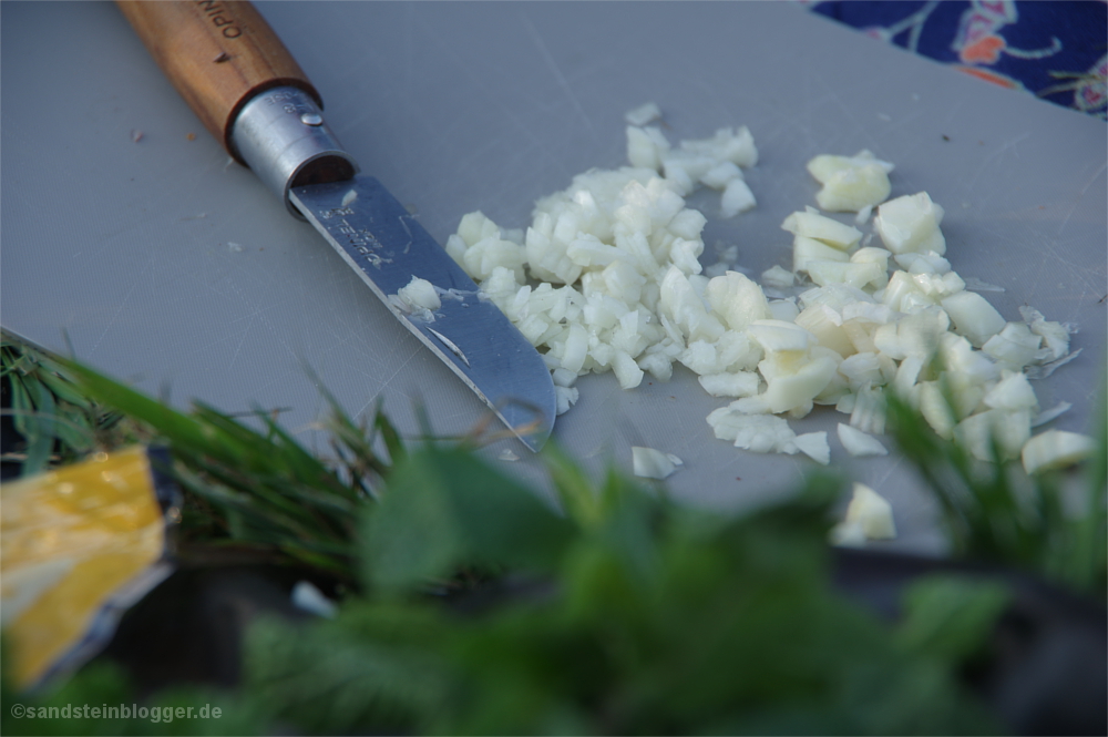 Zwiebeln, Messer und Schneidebrett