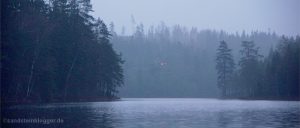 Stiller See im Wald, in der Ferne ein einsames Licht