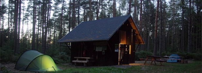 Wald, Biwakplatz mit erleuchtetem Zelt und Schutzhütte